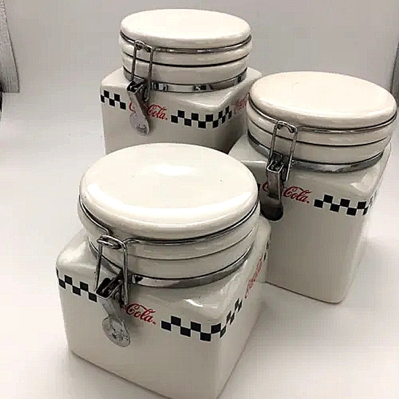 COCA-COLA Vintage Ceramic Canisters Trio Storage Jars Collectible Home Decor EUC - Picture 4 of 11